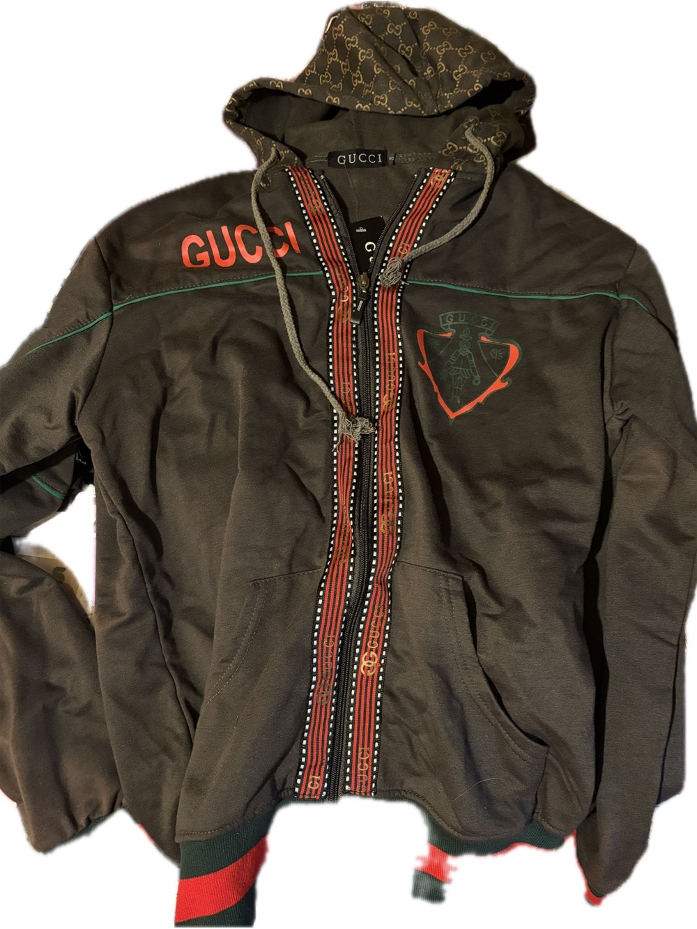 Gucci Brown Hooded Bomber Jacket with Red Trim